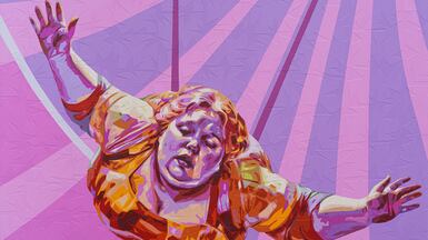 Untitled by Elias Izoli depicts the quiet resignation of a trapeze artist. Photo: Ayyam Gallery