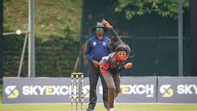 Indhuja Nandakumar bowled two tight overs for UAE against Oman before the rain arrived in Kuala Lumpur. Photo: Malaysia Cricket