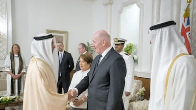 Lieutenant General Sheikh Saif bin Zayed, UAE Deputy Prime Minister and Minister of Interior, greets General Sir Peter Cosgrove, Governor-General of Australia during a reception at Mushrif Palace. Rashed Al Mansoori / Crown Prince Court - Abu Dhabi