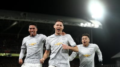 Nemanja Matic, centre, scored the winner for Manchester United in the final seconds of the game against Crystal Palace on Monday. Catherine Ivill / Getty Images
