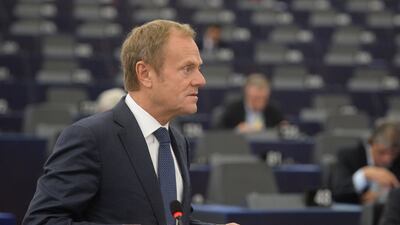 European Council President Donald Tusk delivers a speech at the European Parliament in Strasbourg, France, 24 October 2017. EPA/PATRICK SEEGER