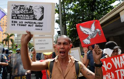Filipinos protest in Manila on January 6, 2020 against the US killing of Iranian general Qassem Suleimani. AP Photo