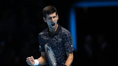 Novak Djokovic celebrates after clinching victory against Kevin Anderson in the ATP Finals semi-final. Getty Images