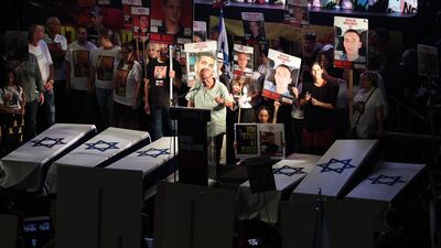 Israeli trade unionist and the chairman of Histadrut, Arnon Bar-David, addresses thousands of demonstrators supporting the families of Israeli hostages held by Hamas in Gaza, during a protest in Tel Aviv. EPA