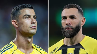 Al Nassr striker Cristiano Ronaldo, left, and Karim Benzema, formerly of Al Ittihad but now an Al Hilal player. Getty Images