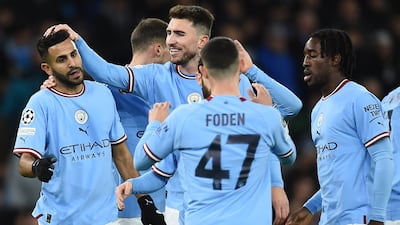 Riyad Mahrez celebrates with teammates after scoring Manchester City's third goal in the 3-1 Champions League win against Sevilla on November 2, 2022. EPA