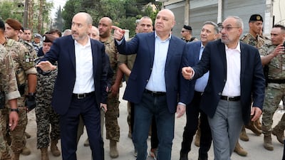 Lebanese President Joseph Aoun, centre, has visited the city of Nabatieh and the town of Zawtar Al Gharbiyeh in southern Lebanon as tension with Israel grows. EPA