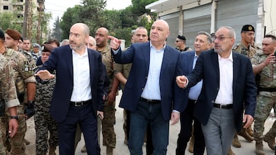 Lebanese President Joseph Aoun, centre, has visited the city of Nabatieh and the town of Zawtar Al Gharbiyeh in southern Lebanon as tension with Israel grows. EPA