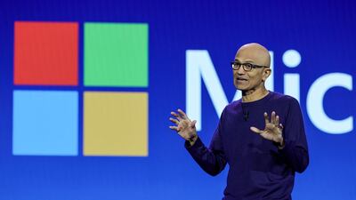 Microsoft chairman and chief executive Satya Nadella speaks during CES 2024 in Las Vegas, Nevada. AFP