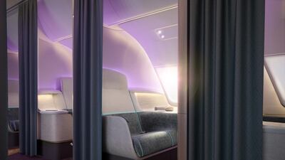 In the Pure Skies Room, formerly known as business class, each seat is a fully enclosed space, partitioned off with full-height curtains. Courtesy PriestmanGoode