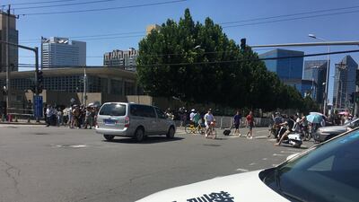 A police car is seen near the US Embassy in Beijing. Reuters
