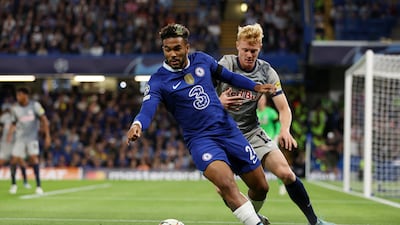 Chelsea wing-back Reece James under pressure from Nicolas Seiwald of Salzburg. Getty
