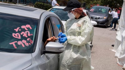 Medical staff from myCovidMD provide free virus antibody testing in observance of Juneteenth at the Faith Central Bible Church, in the predominately African American city of Inglewood, California. US