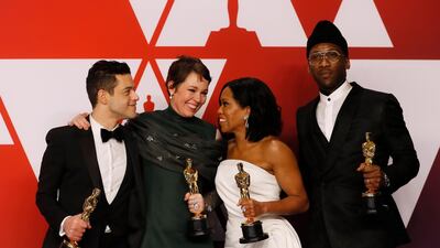 The big winners: Rami Malek (Best Actor), Olivia Colman (Best Actress), Regina King (Best Supporting Actress) and Mahershala Ali (Best Supporting Actor) in the press room following the ceremony. EPA