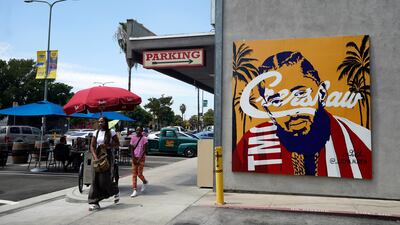 A street mural of Hussle in the Crenshaw district of Los Angeles, California. AP