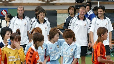 Zinedine Zidane, Raul, David Beckham and Santiago Solari watch a five-a-side Futsal event in Japan in 2004. Getty Images