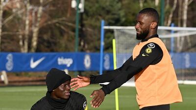 N'Golo Kante and Antonio Rudiger battle for the ball.