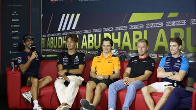 F1 drivers, left to right, Daniel Ricciardo, George Russell, Oscar Piastri, Kevin Magnussen, Logan Sargeant attend a press conference ahead of the Abu Dhabi Formula One Grand Prix. EPA