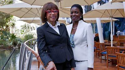 Lorna Smith, left, the chairman of the BVI financial services business development committee, says attempts by the UK to regulate businesses "smacks of colonialism". Pictured with Elise Donovan, an executive director of the British Virgin Islands International Finance Centre, during a visit to the UAE. Antonie Robertson / The National