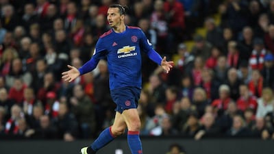 Manchester United’s Zlatan Ibrahimovic controls the ball against Liverpool on Monday night. Paul Ellis / AFP