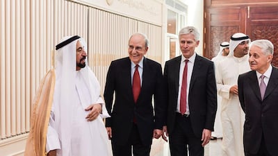 Sheikh Dr. Sultan Bin Mohammad Al Qassimi meets former US special envoy for Middle East peace, and chairman emeritus of the global law firm DLA Piper, Senator George Mitchell prior to an address for students at the American University of Sharjah. Courtesy ASDA'A Burson-Marsteller