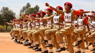 The first batch of female cadets 'Agniveer' of the Rashtriya Military School (RMS) attend a training session open for media on the eve of the International Women's Day, at the RMS, in Bangalore, India, 07 March 2023. The Rashtriya Military School (RMS) has enrolled the first batch of around 100 female cadets who will join 31 weeks of training, after which 33 percent of them will be sent to army base and remaining in different places for four years and then some will get a chance to serve in the army. The RMS, an institution established by the Indian Army and run under the aegis of Ministry of Defence, is one of the premier residential public schools. EPA / JAGADEESH NV