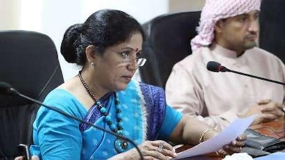 Rajalaxmy Pillay, the principal of the Private International English School, attends a press conference announcing the opening of the new Indian school in Mussafah.