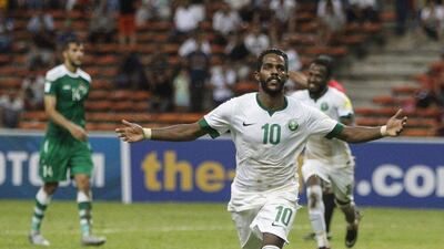 Nawaf Al Abed buried two penalties in the last nine minutes as Saudi Arabia came from a goal down to beat regional rivals Iraq 2-1 in 2018 World Cup qualifying on Tuesday, September 6, 2016. Joshua Paul / AP Photo