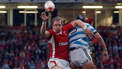 Alun Wyn Jones, who scored the second try for Wales yesterday, wins a lineout ball against Argentina.