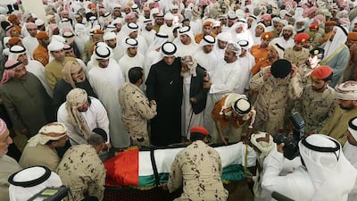 Sheikh Saud Bin Saqr Al Qasimi, ruler of Ras Al Khaimah, attends the funeral prayer of the warrant officer Rashid Ali Mohammed Al Duhouri, who was killed while taking part in the Saudi-led Arab coalition’s Operation Restoring Hope in Yemen, at the Sheikh Zayed Mosque in Ras Al Khaimah. Satish Kumar / The National