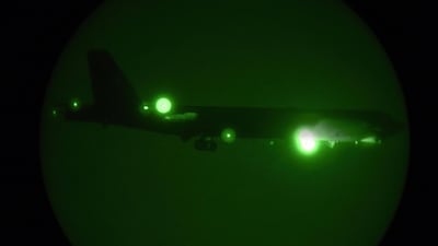 A photo released by the US Air Force on May 9, 2019 shows a B-52H Stratofortress coming in for a landing at Al Udeid Air Base in Qatar. US Air Force via AP