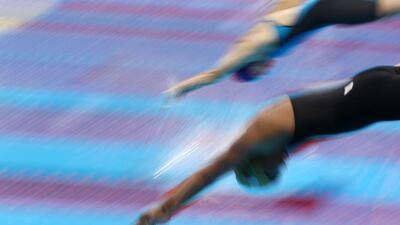 Competitors dive into the pool at the start of the heat. REUTERS/Stefan Wermuth