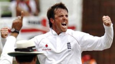 Graeme Swann celebrates taking the winning wicket in a Test against Pakistan last year.