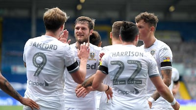 Liam Cooper of Leeds United celebrates his sides first goal, an own goal scored by Michael Sollbauer of Barnsley. Getty
