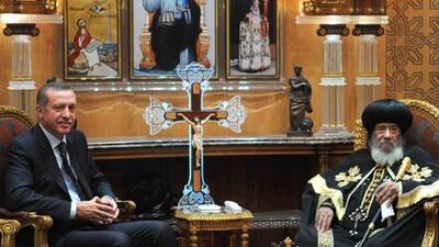 Turkish prime minister Recep Tayyip Erdogan meets Pope Shenuda III, head of the Egyptian Coptic Orthodox Church, in Cairo yesterday. AFP PHOTO/MOHAMMED HOSSAM