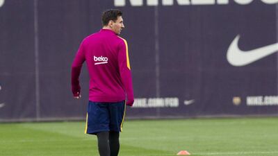 FC Barcelona’s Argentinian striker Lionel Messi reacts during the team’s training session held at Joan Gamper Sports City in Sant Joan Despi, Catalonia, Spain, 01 April 2016. FC Barcelona will face Real Madrid in a Spanish La Liga ‘Clasico’ football match the upcoming 02 April. EPA/QUIQUE GARCIA