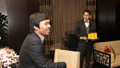 Manny Pacquiao shown at his hotel suite in Macau, China last year during a promotional tour for his fight with Chris Algieri. Mike Young for The National / August 24, 2014