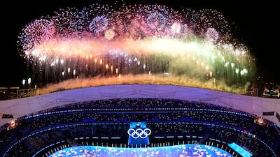 Fireworks light up the sky over Olympic Stadium during the closing ceremony of the 2022 Winter Olympics. AP