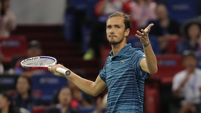Daniil Medvedev celebrates after defeating Stefanos Tsitsipas at the Shanghai Masters on Saturday. Getty