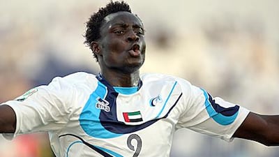 Baniyas's Andre Senqhor celebrates after scoring a goal during a game against Kalba played at the Baniyas Stadium. Sammy Dallal / The National
