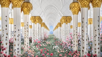 Infinite Bloom reimagines Abu Dhabi's Sheikh Zayed Grand Mosque as a fertile garden. Photo: Leila Heller Gallery