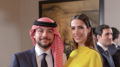 Crown Prince Hussein and his Saudi fiancee Rajwa Al Saif. AFP