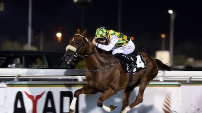 Harry Bentley rode Thakif to victory in the Group 1 HH President Cup at the Equestrian Club on Sunday, February 14, 2016. DELORES JOHNSON / The National