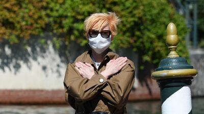 Tilda Swinton pays tribute to Chadwick Boseman as she arrives at the Excelsior at the 77th Venice Film Festival on September 1, 2020 in Venice, Italy. Getty Images