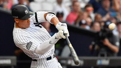 London, ENG; New York Yankees right fielder Aaron Judge (99) hits a two run home run during the fourth inning against the Boston Red Sox at London Stadium. Mandatory Credit: Steve Flynn-USA TODAY Sports