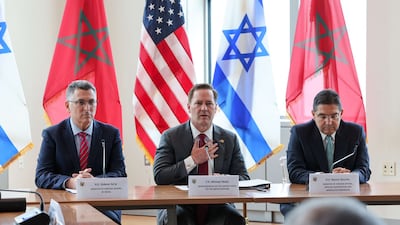 From left, Israeli Foreign Minister Gideon Saar, US ambassador to the UN Mike Waltz and Moroccan Foreign Minister Nasser Bourita in New York. Photo: Mike Waltz