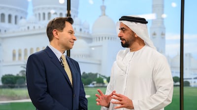 Sheikh Saif bin Zayed, Deputy Prime Minister and Minister of Interior, speaks with David Sinclair of Harvard Medical School at Majlis Mohamed bin Zayed. Photo: UAE Presidential Court