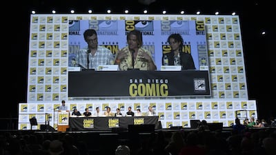 The full panel, including writer and director John Francis Daley, Chris Pine and Michelle Rodriguez on the screen. AP