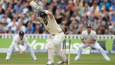 Australia’s Peter Nevill is bowled by England’s James Anderson. Philip Brown / Reuters