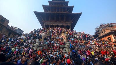 Devotees gather for the Bisket Jatra festival, held to mark the Nepalese New Year, in Bhaktapur. AFP